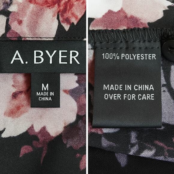 A. Byer Floral Button Front Womens Blouse Medium Black Pink Purple Preppy - Picture 10 of 10